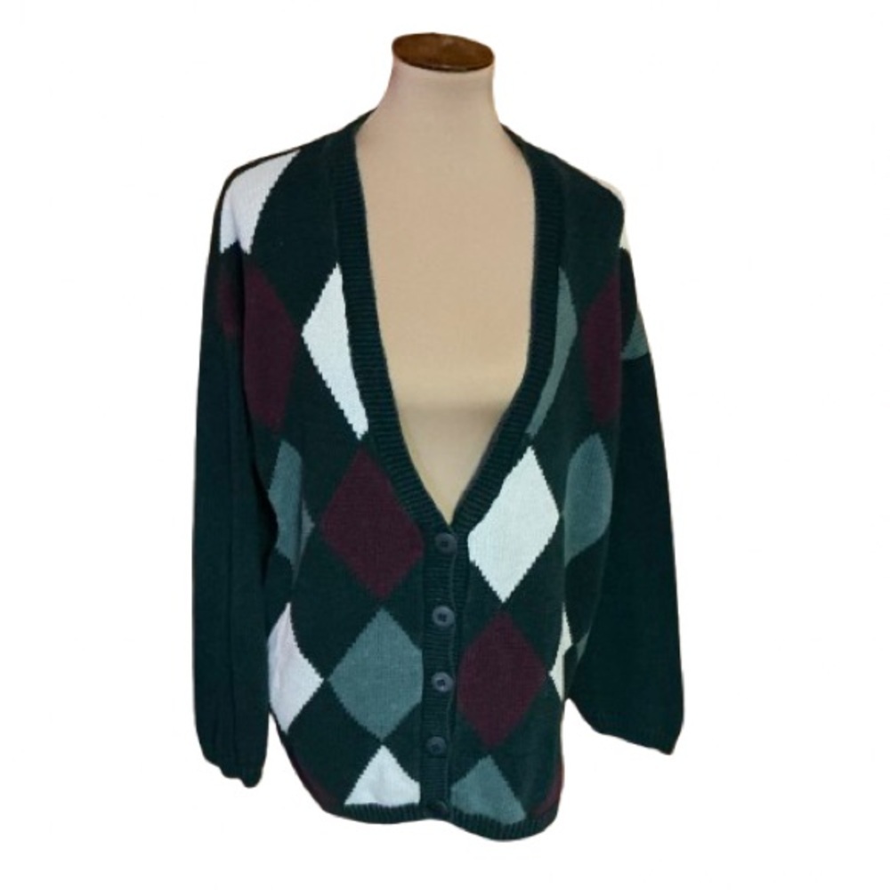 Vtg 80s Paris Sport Club Argyle cardigan sweater